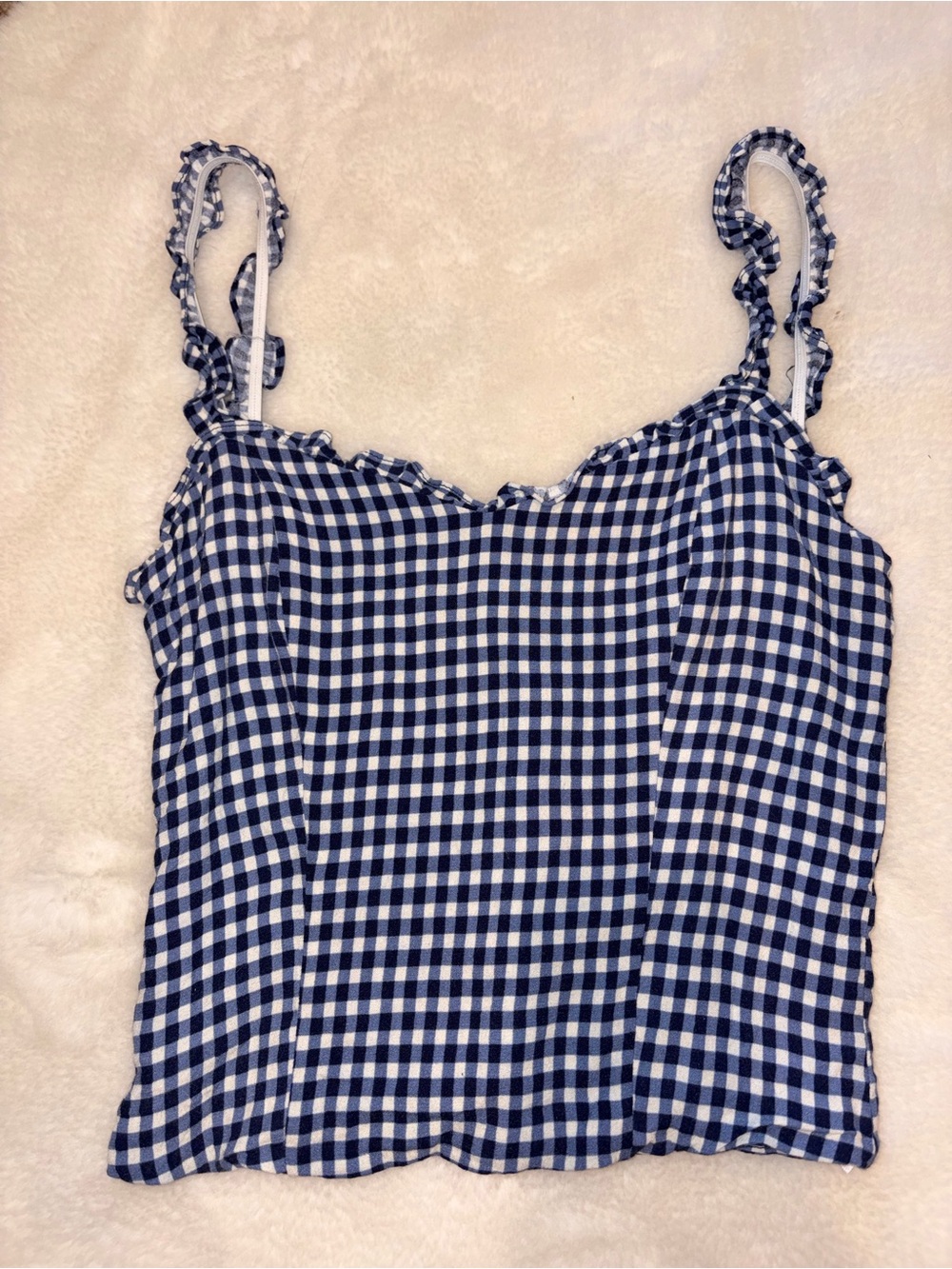 Reformation Blue Gingham Ruffle Strap Cami Top